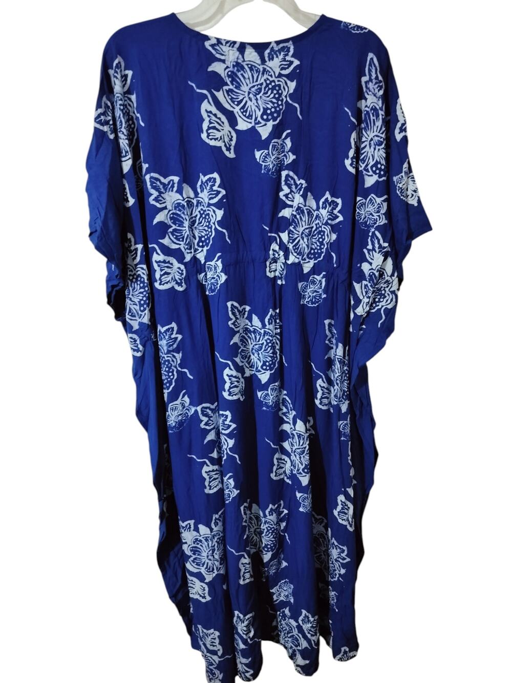 5634) Royal Blue Batik Floral Coastal Lounge Relax Cotton Kaftan Dress One size